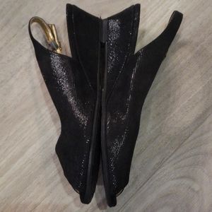 Ron White peep toe slingback wedge, black, 7-1/2